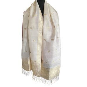 Vintage Hand Woven Silk Scarf Indian 70x21" Ivory Gold Fringed Ethnic Boho